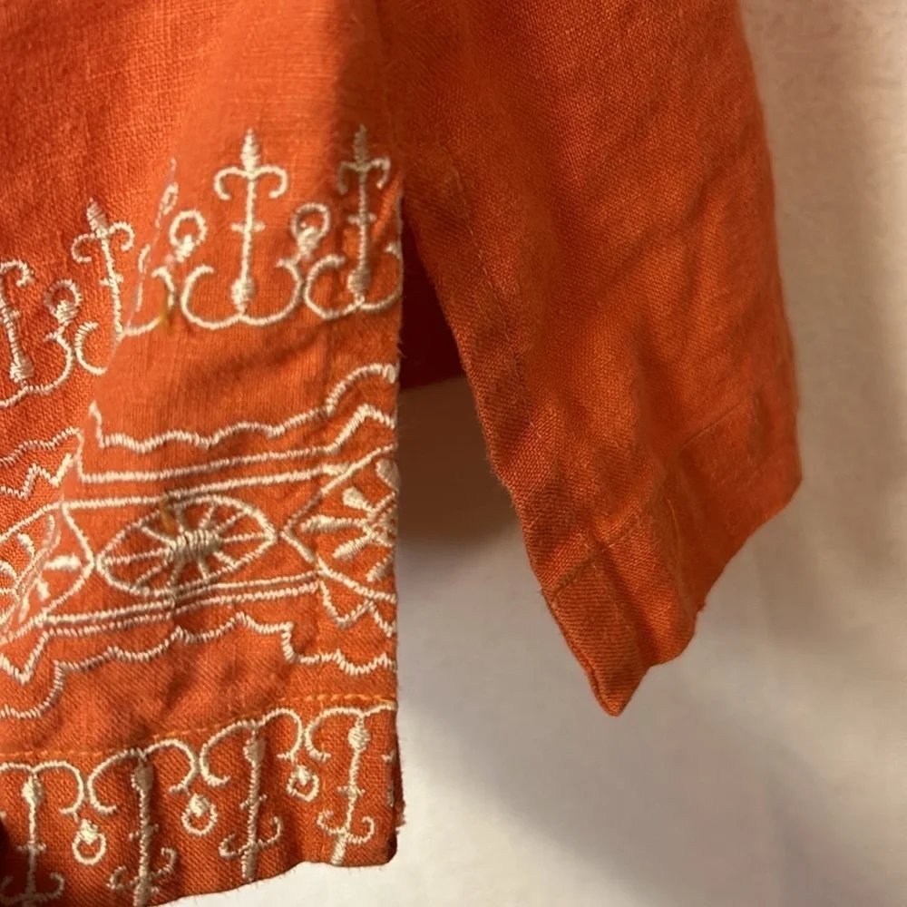 ISHYU Women’s 100% Linen Tunic Top Plus Size 1X Orange With Embroidered Trim